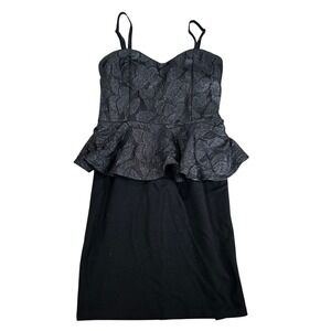 Vintage Seductions Black Silver Metallic Floral Lace Peplum Bodycon Dress Size L